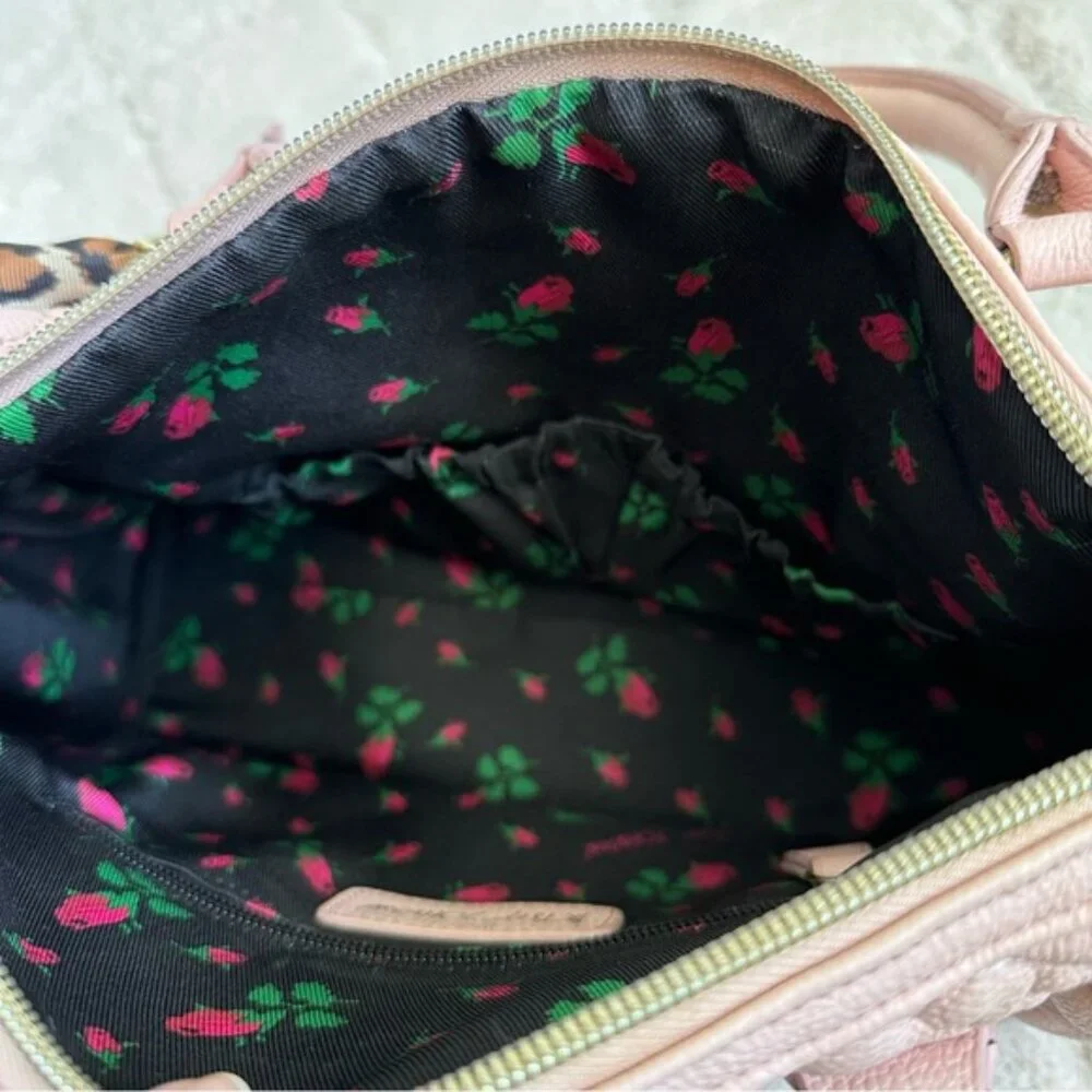 Betsey Johnson | Pink Quilted Heart Bowler Bag with Leopard Bow - Picture 7 of 15